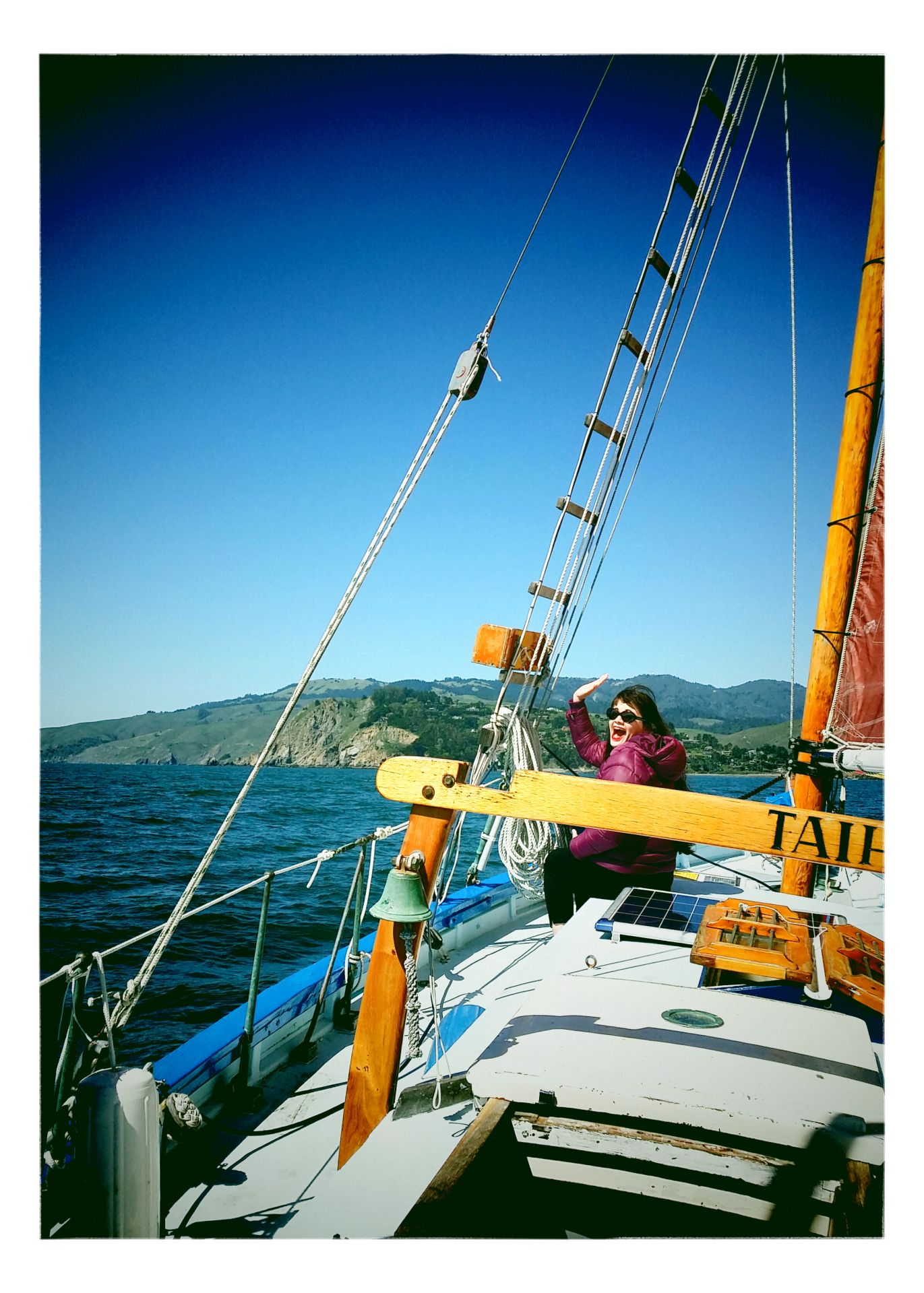 Another happy sailor showing us what to expect when sailing San Francisco Bay and the Golden Gate onboard, Taihoa, the history museum vessel out of Sausalito.